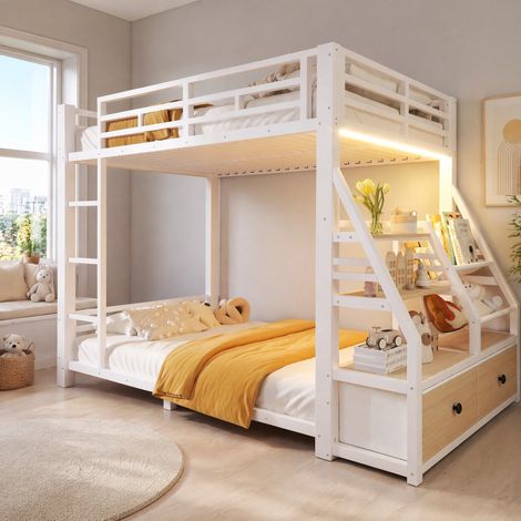 Cama litera moderna 90x200 cm blanca, madera y metal, con LED, estantes y 2 cajones de tela (1/5)