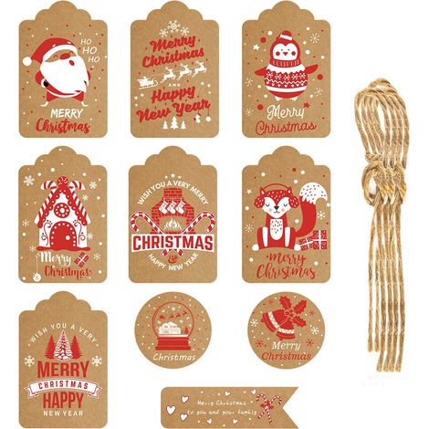 Etiquettes Cadeaux Noël - Papier Kraft Vintage Pré-percées - Motifs Rétro Père Noël Flocon de Neige - 60 Pièces (1/3)