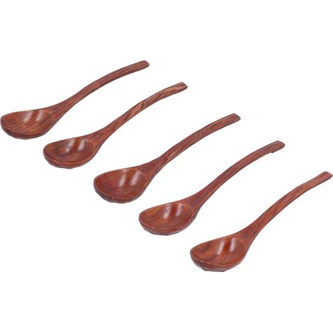 Lot de 5 cuillères en bois antidérapantes à conduction thermique lente, avec long manche, idéales pour cuisiner et remuer les soupes chaudes. (1/5)