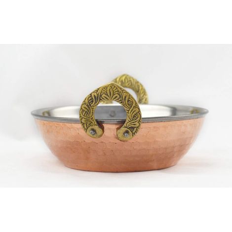 Bol avec poignées pour nourriture indienne - Bol Karahi - jaune en cuivre en acier inoxydable - Poignées en forme de ferrure en miniature - Vaisselle indienne - 15 x 5,5 cm (1/5)