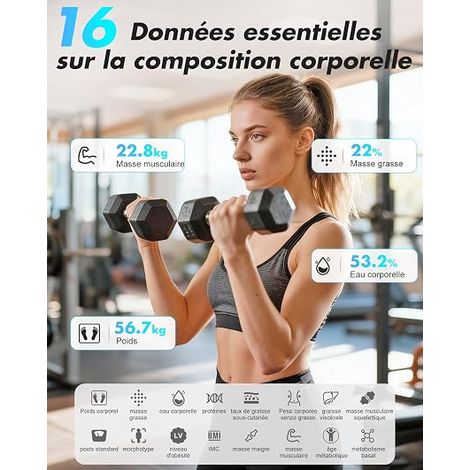 Pese Personne Intelligent, Balance Pese Personnes Écran, Balance 16 Mesures Corporelles, IMC, Pourcentage de graisse APP, 400lb, Blanc (1/4)