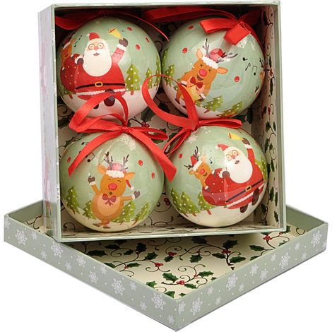 Ciao- Set 4 sfere decoupage ornamentali Santa & Reindeers (Ø7,5cm) con nastro in tessuto per albero di Natale in giftbox (1/3)