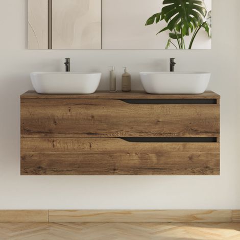 Meuble de salle de bain 120cm avec plateau et 2 vasques à poser Zeus - 2 tiroirs - sans miroir - tabaco (chêne foncé) - LUNA (1/5)