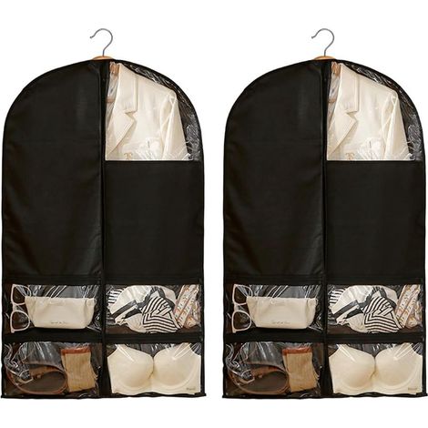 Housse Vetements à Suspendre, 2 Pièces 60 x 100cm Anti-poussière Étanche à l’humidité Housse Costume Homme Femme avec Zip Poches de Rangement, pour Robes, Convient, Manteaux (Noir) (1/5)