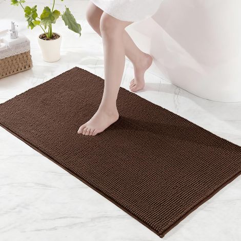 1 Tapis de bain Chenille Antidérapant Absorbant Séchage rapide Lavable machine Salle de douche 60x90cm Marron (1/5)