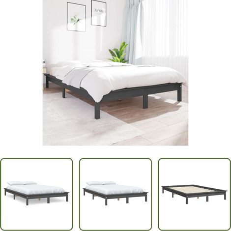 vidaXL Cadre de lit bois massif - Cadre de lit sans matelas gris 160x200 cm bois massif (1/5)