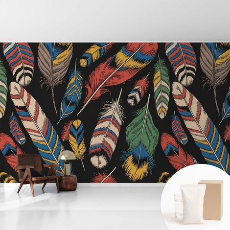 Papier peint intissé mural classique avec imprimé motifs décoratifs design élégant non‑tissé Plumes colorées 416x254 cm (1/5)