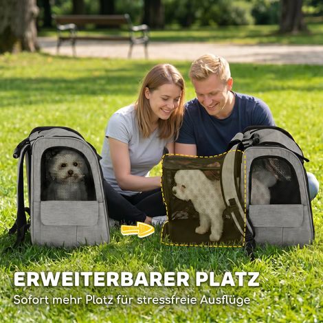Erweiterbare Hundebox, Hundetransportbox mit 5 Taschen und Reflektorstreifen, für Hunde bis 10 kg, 33,5 x 28 x 42 cm, Hellgrau. (1/5)