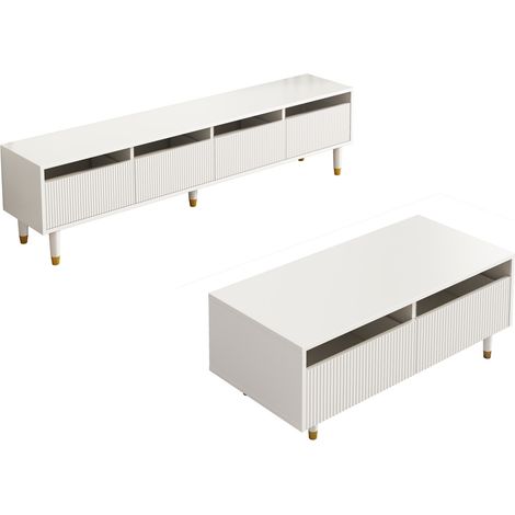 Ensemble meuble TV LED moderne avec 4 portes et table basse 2 tiroirs en MDF blanc avec éclairage multicolore (1/5)