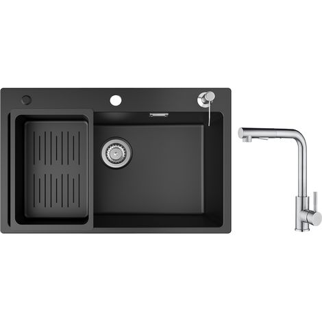 Cecipa Evier 1 Bac en Quartz et Résine 70x45cm Evier de Cuisine avec Panier de Vidange et Distributeur de Savon + Mitigeur Cuisine Brossé avec Douchette Extractible (1/5)