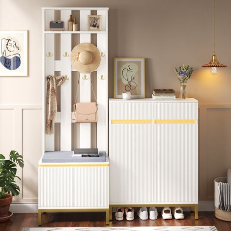 Garderoben-Set mit Schuhschrank, Sitzbank, Haken und App-gesteuerter LED-Beleuchtung Weiß (1/5)