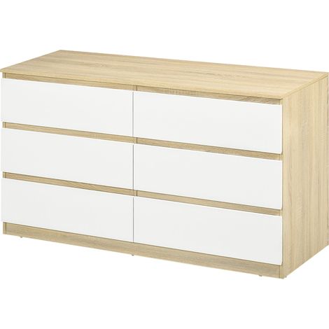 Commode moderne 6 tiroirs, 135 x 48 x 77 cm, blanc et bois, rangement design