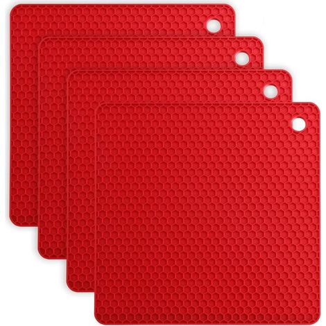 Ensemble de 4 dessous de plat en silicone, compatibles lave-vaisselle, résistants à la chaleur (jusqu'à 230 °C), antidérapants, motif nid d'abeille - rouge (1/5)