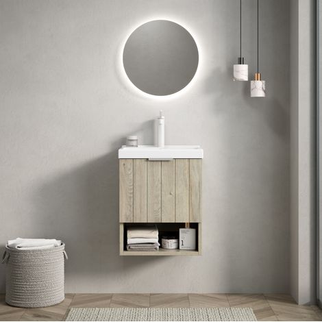 Handwaschbecken mit Unterschrank, Keramik und Multiplex, Weiß/Off-White, wandhängend mit Doppeltür und offenem Regal (1/5)