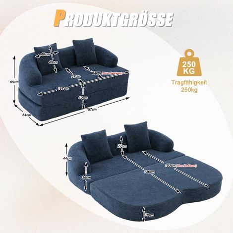 Canapé 2-en-1 convertible pour 2 personnes, avec 2 coussins, canapé-lit double escamotable, sofa polyvalent pour chambre d'amis et salon (chenille bleu marine) (1/5)