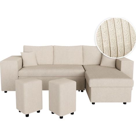 Canapé d'angle réversible MADY avec coffre, rangement poufs à gauche en velours côtelé beige (1/5)