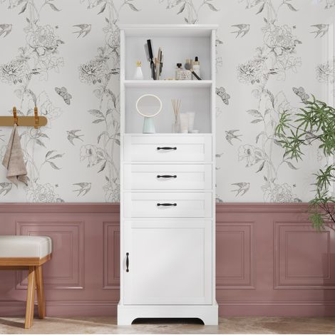 Mobile bagno in MDF bianco 56 cm con 3 cassetti, ripiani aperti e vano contenitore (1/5)