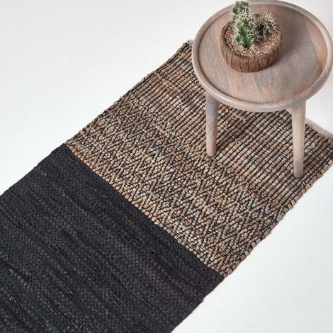 HOMESCAPES Black Recycled Leather Handwoven Herringbone Rug, 66 x 200 cm