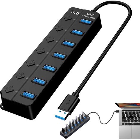Hub USB,7 Port Hub USB 3.0, USB Hub, Port US B Multiple pour Pc, Multiprise U SB Portable avec LED, Adaptateur Multiport U SB pour PC, pour Mac, pour Xbox, Hub US B Alimenté avec Cable 30 cm (1/5)