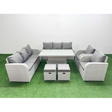Fimous PE Rattan High Back Lounge Sofa Set Patio Adjustable Lifting Dining or Coffee Table & Chairs Set with 3 Seater Sofa Reclining Chair Stools Light Grey (1/5)