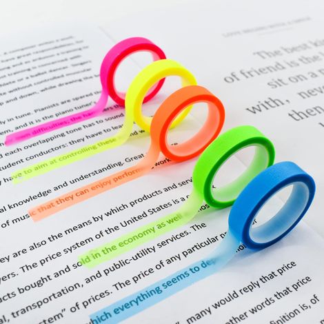Lot de 5 rouleaux de ruban adhésif transparent de marquage autocollant fluorescent amovible pour classe de lecture, 5 m par rouleau (1/5)