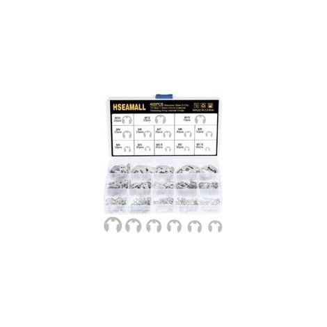 Set mit 400 Edelstahl-Sicherungsringen in 13 verschiedenen Größen (1,5/2/2,5/3/4/5/6/7/8/9/10/12/15 mm) mit Kunststoffbox. (1/5)