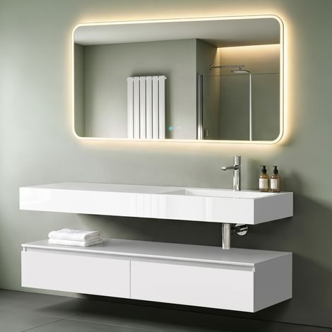 Mai & Mai Badmöbelset Waschtisch mit Unterschrank Weiß matt 150x48x25cm mit Soft-Close Schubladen inkl. Mineralguss-Waschbecken und LED-Badspiegel UP