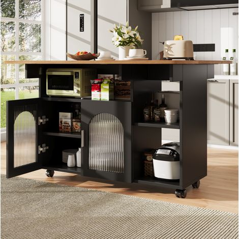 Isla de cocina 120x30x79.5 cm negro y natural en MDF y vidrio con tablero abatible y ruedas (1/5)