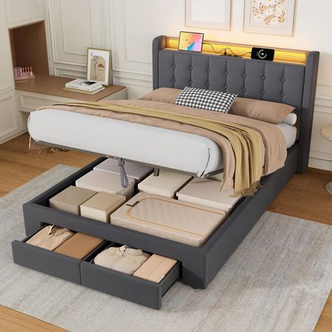 Lit coffre 140x190cm pour enfant avec port USB et bande lumineuse LED – Cadre de lit avec tiroirs et prises, gris, sans matelas (1/5)