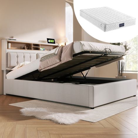 Cama tapizada 140x200 cm de lino beige con cabecero regulable, USB/Type-C, arcón abatible, somier y colchón (1/5)