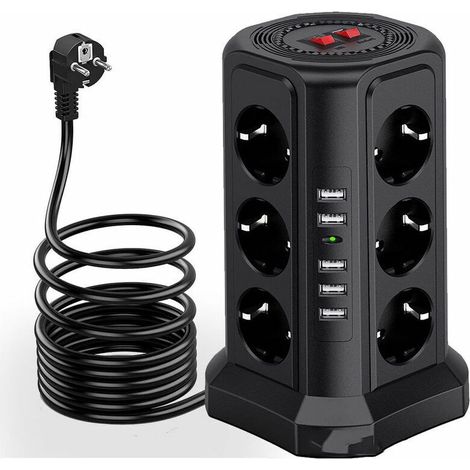 Tour multiprise parafoudre et surtension, Multiprise Electrique avec 5 Ports USB et 12 Prises, multiprise avec et 3 Interrupteurs, Noir-Autres (1/4)