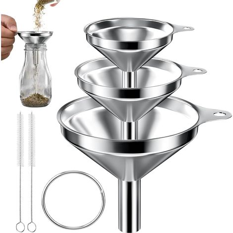 Entonnoir en Acier Inoxydable, 3 Pièces Entonnoir Cuisine, Entonnoirs en Métal, Mini Entonoir, avec 2 Brosses de Nettoyage, pour le Transfert de Liquide (Ø: 7.5cm/5.5cm/4.5cm) (1/5)