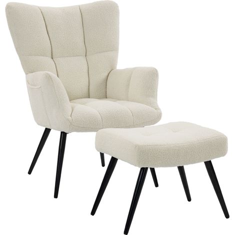Poltrona relax con poggiapiedi, poltrona imbottita in morbido peluche, schienale alto, tasche laterali, beige. (1/5)