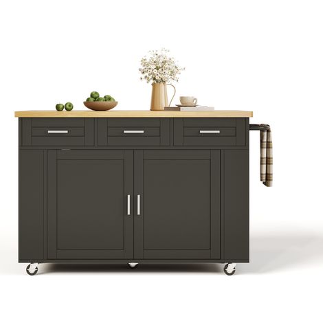CHICFURN Îlot de cuisine mobile avec plan de travail rabattable, meuble de rangement MDF avec 3 tiroirs, prises 2 AC + 2 USB, roulettes et organisateurs coulissants (1/5)