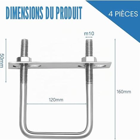 Supports en U, avec filetage M10, 120 x 160 mm, acier inoxydable, pour clôtures, tubes (120 x 160 mm) (1/4)