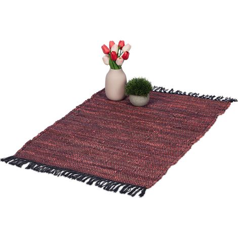 Relaxdays Tappeto in Cotone e Pelle a Frange, 60x100 cm, Passatoia per Salotto e Camere da Letto, Runner Cucina, Rosso