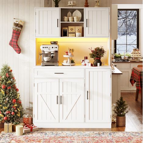 Küchenbuffet 110 x 38 x 180 cm mit LED, Steckdosen und USB, Landhausstil, Weiß OKMYHOME (1/5)