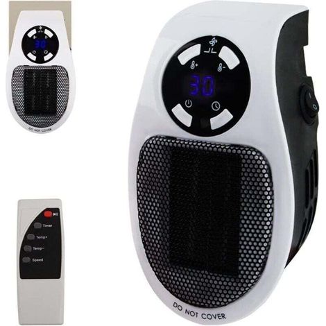Chauffage Enfichable 500W,Mini Chauffe-Air Électrique Socket, Chauffage D'espace Mural avec Télécommande, Radiateur Électrique Soufflant 500W avec 2 Vitesses D'air, Thermostat, Timer (1/4)