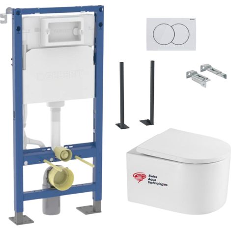 Geberit – Bâti-support WC suspendu 112 cm DELANOTQGEBX – Cuvette sans bride Swiss Aqua – Abattant SoftClose – Plaque Delta01 double touche (1/5)