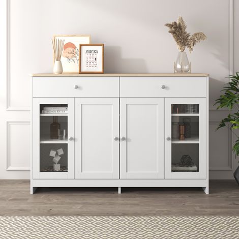 Aparador blanco y madera, aparador de salón con 4 puertas y 2 cajones, puerta de vidrio, 120x37x80 cm (1/5)