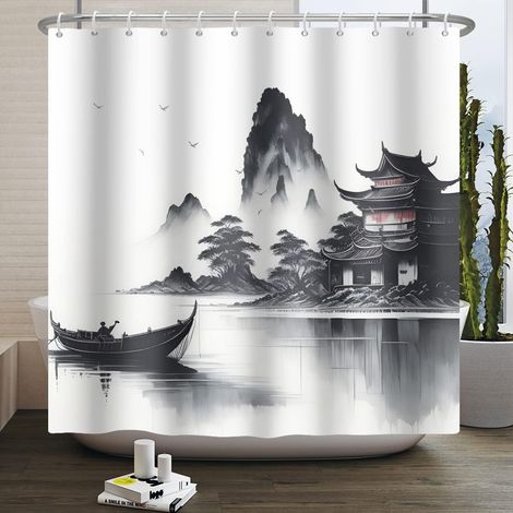 Rideau de Douche 140x180cm Asiatique Brouillard Bateau de Montagne Goose Nature Salle Bain Crochet décoratif (1/5)