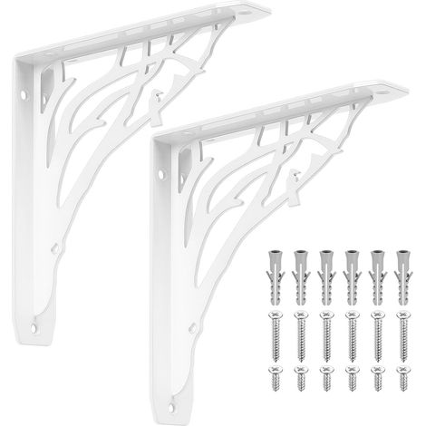 2 Pcs White Shelf Brackets Heavy Duty   8 Inch Wall Mounted Decorative Metal Floating Triangle Shelf Brackets, Tree Style (1/5)