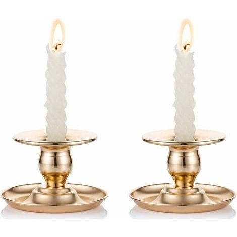 Bougeoir en Laiton Doré de 2 Pièces en Métal Chamberstick Convient Aux Chandelles, Chandeliers, Bougies Chauffe-Plats et Bougies Pilier - pour Présentoir de Fenêtre et Manteau (1/5)