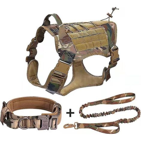 Harnais pour chien, gilet militaire avec collier et laisse, pochette et écusson, gilet tactique anti-traction compatible avec les grands chiens, harnais pour chien d'assistance compatible WL-Khaki (1/5)