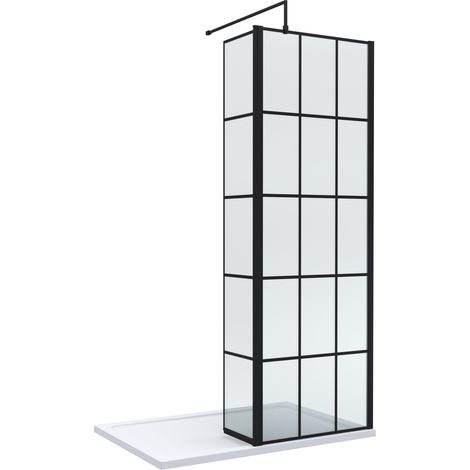 8mm Glass Walk In Wetroom Screen and Hinged Return Screen with Black Framed Design and Shower Tray - 1200 x 700mm (1/2)
