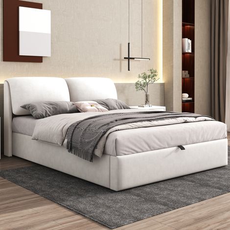 Bett gepolstert aus Samt Beige 140x190 cm mit hydraulischem Stauraum, 3 Schubladen und Kopfteil (1/5)