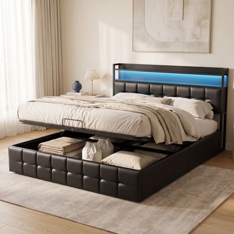 Lit coffre double 140x190 cm avec sommier, lit adulte capitonné avec LED et ports USB, tête de lit avec rangement, Noir (1/5)