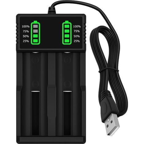 18650 Battery Charger, 2 Slots, Rechargeable Batteries for 21700, 26650, 14500, 18500, 17500, and 18350 Batteries, Universal Smart Charger with USB Cable for 3.7V Li-ion Batteries (1/5)