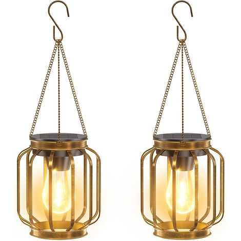 BUCASA Luci solari da giardino per esterni, set di 2 lanterne solari con lampadine a LED, impermeabili IP65, luci solari da esterno in metallo per patio, prato, balcone, decorazione del giardino, bron (1/5)