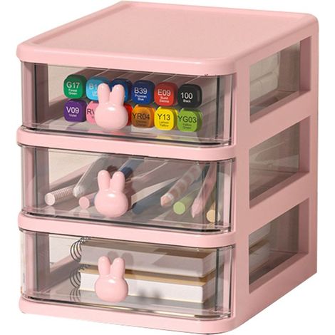 Große, transparente Aufbewahrungsbox aus Kunststoff mit Hasengriff, Schubladenorganizer für Bücher, Stifte und Bürobedarf, rosa, 3 Ebenen (13,4 x 17 x 16 cm) (1/5)